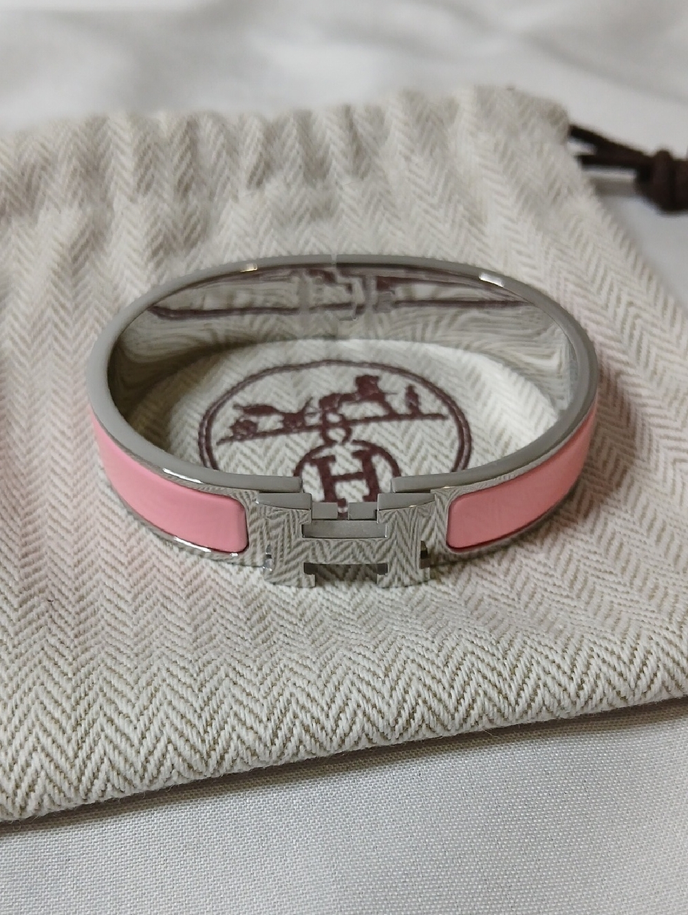 Hermes Pink Enamel H Bracelet in Silver-Tone